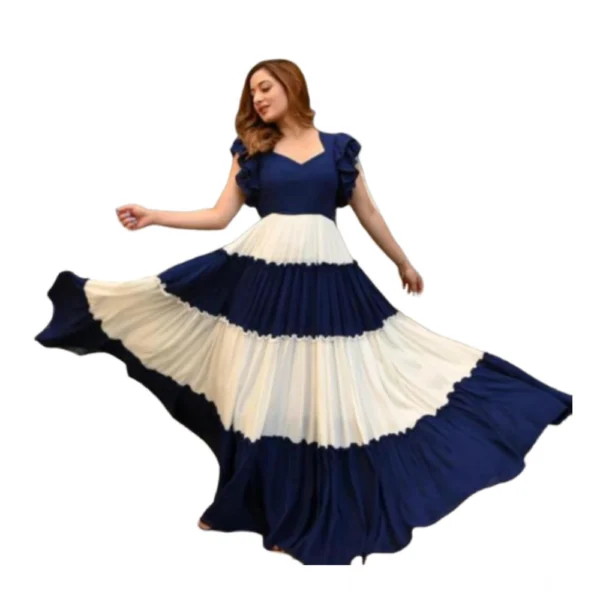 Women's Georgette Solid Half Sleeve Gown (Blue-White) - Image 3