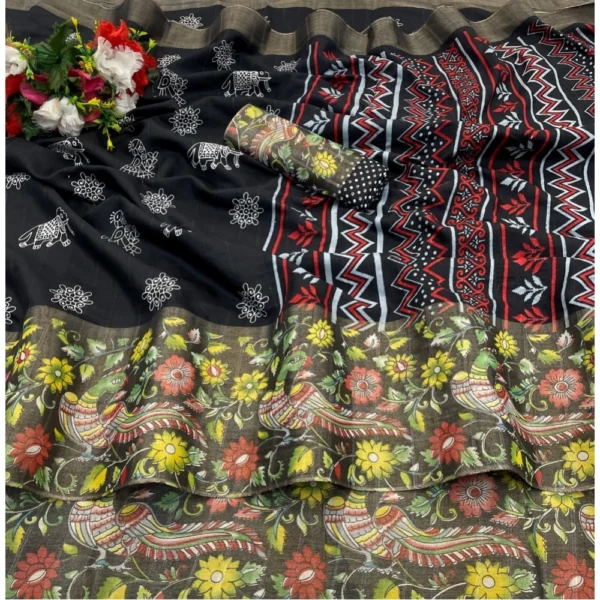 Women's Silk Blend Printed Saree With Unstitched Blouse (Black, 5-5 Mtrs)