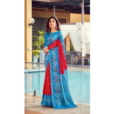 Women's Cotton Blend Printed Saree With Unstitched Blouse (Red, 5-5 Mtrs)