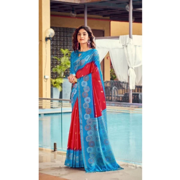 Women's Cotton Blend Printed Saree With Unstitched Blouse (Red, 5-5 Mtrs)