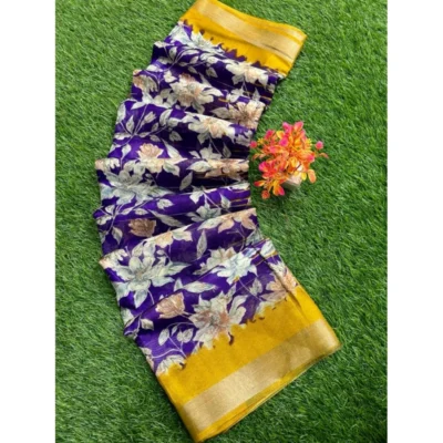 Women's linen Printed Saree With Unstitched Blouse (Purple, 5-5 Mtrs)