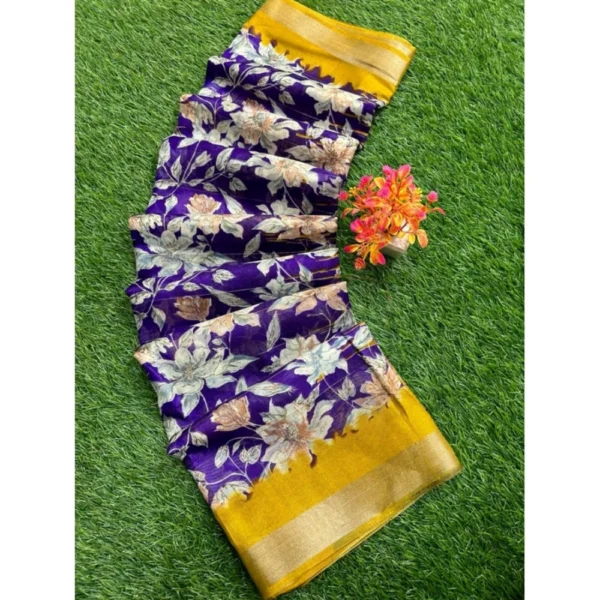 Women's linen Printed Saree With Unstitched Blouse (Purple, 5-5 Mtrs)
