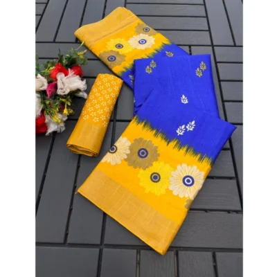 Women's Cotton Blend Printed Saree With Unstitched Blouse (Blue, 5-5 Mtrs)