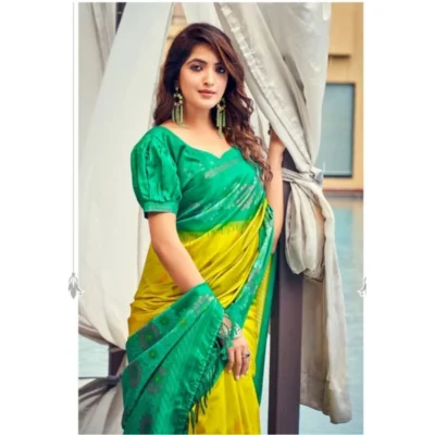 Women's Cotton Blend Printed Saree With Unstitched Blouse (Yellow, 5-5 Mtrs)