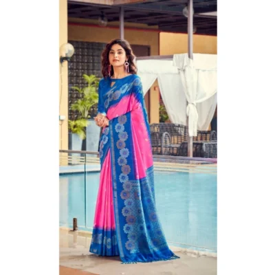 Women's Cotton Blend Printed Saree With Unstitched Blouse (Red, 5-5 Mtrs)