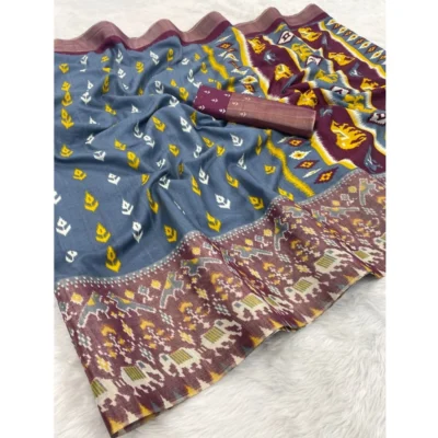Women's Silk Blend Printed Saree With Unstitched Blouse (Grey, 5-5 Mtrs)