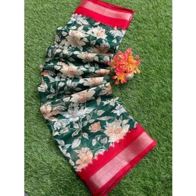 Women's linen Printed Saree With Unstitched Blouse (Green, 5-5 Mtrs)