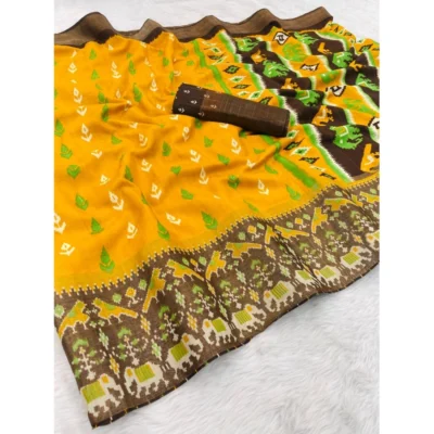 Women's Silk Blend Printed Saree With Unstitched Blouse (Yellow, 5-5 Mtrs)