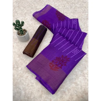 Women's Cotton Blend Printed Saree With Unstitched Blouse (Purple, 5-5 Mtrs)