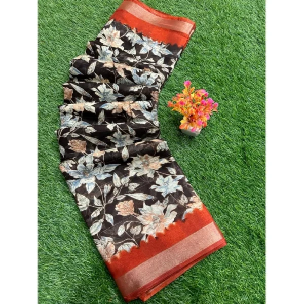 Women's linen Printed Saree With Unstitched Blouse (Black, 5-5 Mtrs)