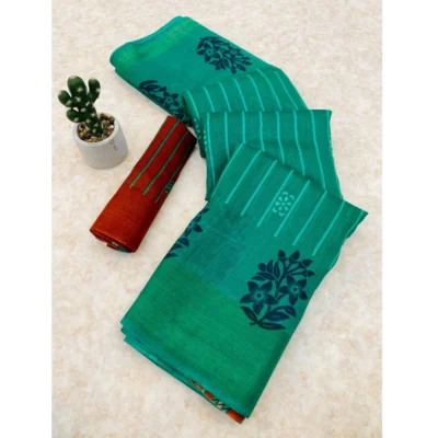 Women's Cotton Blend Printed Saree With Unstitched Blouse (Green, 5-5 Mtrs)