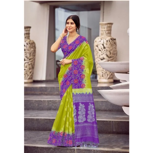 Women's Cotton Blend Printed Saree With Unstitched Blouse (Mehendi, 5-5 Mtrs)