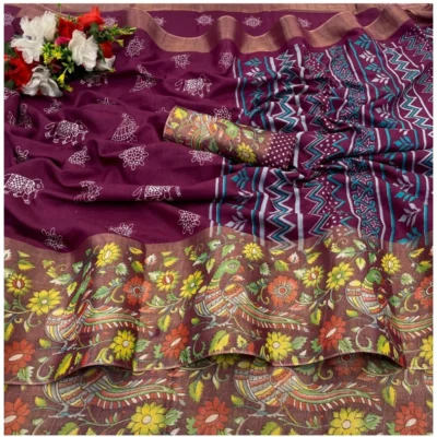 Women's Silk Blend Printed Saree With Unstitched Blouse (Lavender, 5-5 Mtrs)