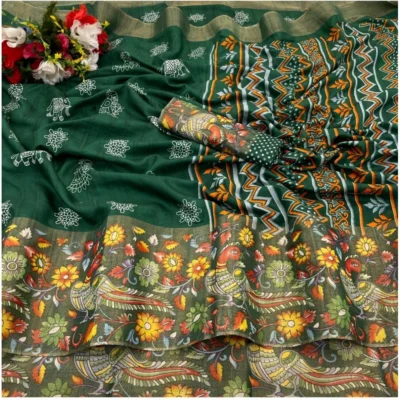 Women's Silk Blend Printed Saree With Unstitched Blouse (Green, 5-5 Mtrs)
