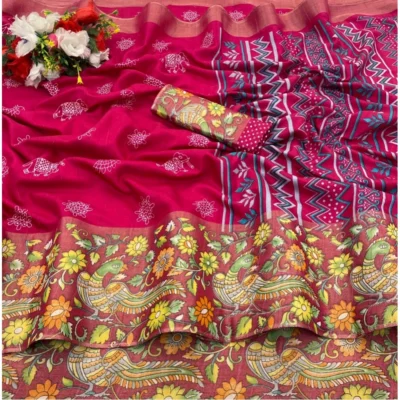 Women's Silk Blend Printed Saree With Unstitched Blouse (Pink, 5-5 Mtrs)