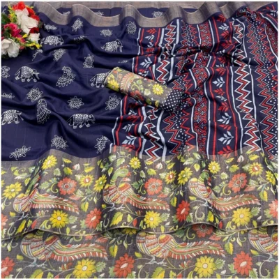 Women's Silk Blend Printed Saree With Unstitched Blouse (Dark Blue, 5-5 Mtrs)