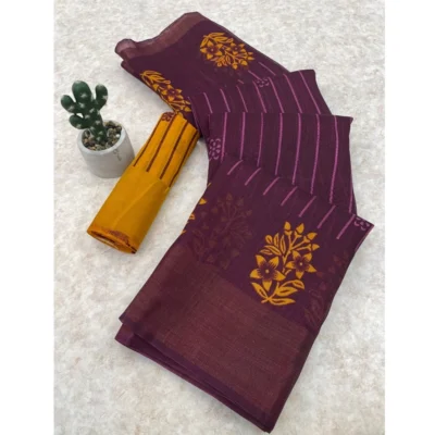 Women's Cotton Blend Printed Saree With Unstitched Blouse (Magenta, 5-5 Mtrs)