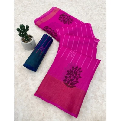 Women's Cotton Blend Printed Saree With Unstitched Blouse (Pink, 5-5 Mtrs)