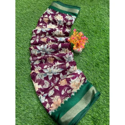 Women's linen Printed Saree With Unstitched Blouse (Magenta, 5-5 Mtrs)