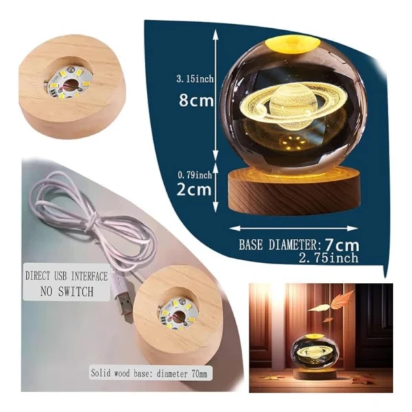 Wood 3D Saturn Crystal Ball Lamp Lamp with USB Powered (Transparent) - Image 3
