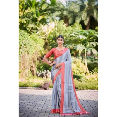 Women's Crepe Printed Saree With Unstitched Blouse (Grey, 5-5 Mtrs)