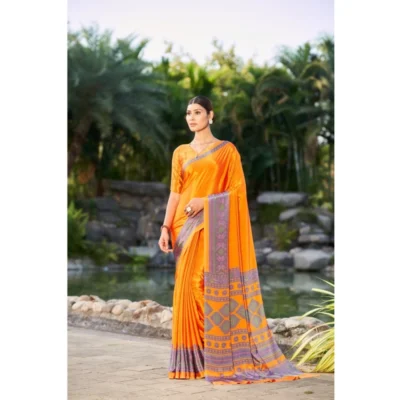 Women's Crepe Printed Saree With Unstitched Blouse (Orange, 5-5 Mtrs)