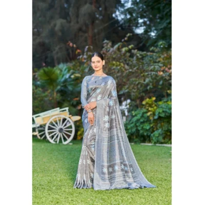 Women's Crepe Printed Saree With Unstitched Blouse (Grey, 5-5 Mtrs)