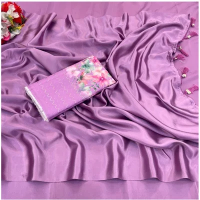 Women's Satin Solid Saree With Unstitched Blouse (Purple, 5-5 Mtrs)