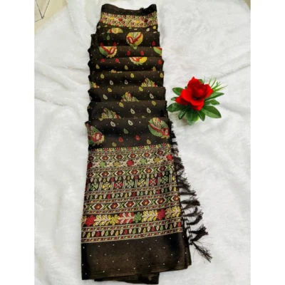 Women's Chiffon Printed Saree With Unstitched Blouse (Mehendi, 5-5 Mtrs)