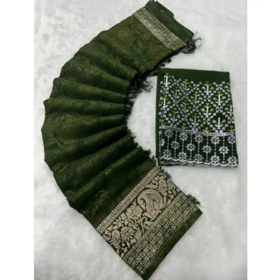 Women's Georgette Printed Saree With Unstitched Blouse (Green, 5-5 Mtrs)