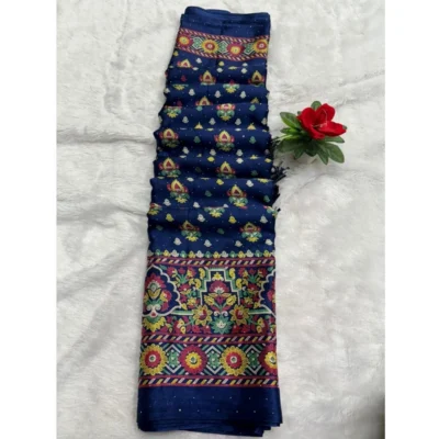 Women's Chiffon Printed Saree With Unstitched Blouse (Navy, 5-5 Mtrs)