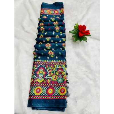 Women's Chiffon Printed Saree With Unstitched Blouse (Teal, 5-5 Mtrs)