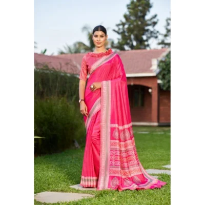 Women's Crepe Printed Saree With Unstitched Blouse (Pink, 5-5 Mtrs)