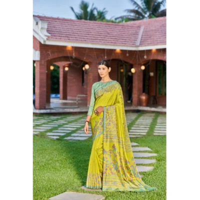 Women's Crepe Printed Saree With Unstitched Blouse (Dark Green, 5-5 Mtrs)