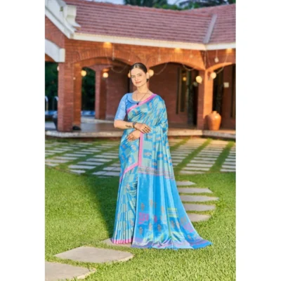 Women's Crepe Printed Saree With Unstitched Blouse (Blue, 5-5 Mtrs)