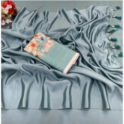 Women's Satin Solid Saree With Unstitched Blouse (Grey, 5-5 Mtrs)