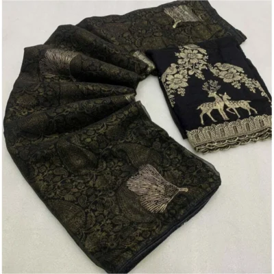 Women's Georgette Printed Saree With Unstitched Blouse (Black, 5-5 Mtrs)