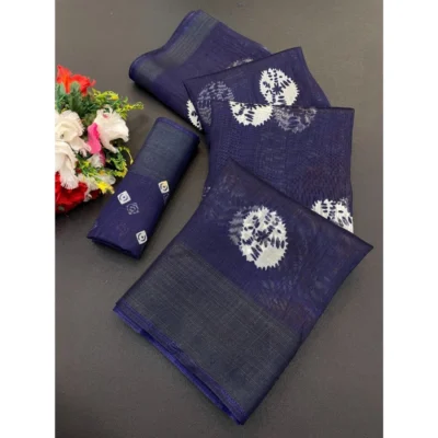 Women's Cotton Blend Printed Saree With Unstitched Blouse (Dark Blue, 5-5 Mtrs)