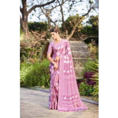 Women's Crepe Printed Saree With Unstitched Blouse (Cream, 5-5 Mtrs)