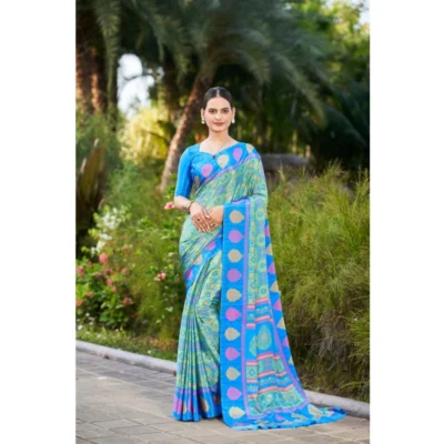 Women's Crepe Printed Saree With Unstitched Blouse (Blue, 5-5 Mtrs)