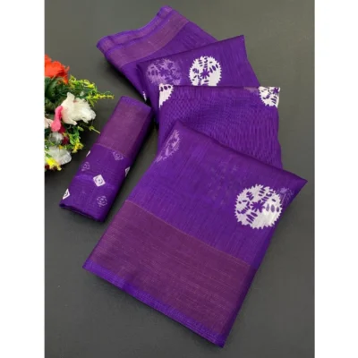 Women's Cotton Blend Printed Saree With Unstitched Blouse (Purple, 5-5 Mtrs)