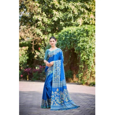 Women's Crepe Printed Saree With Unstitched Blouse (Light Blue, 5-5 Mtrs)