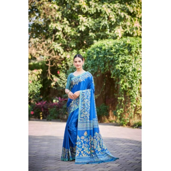 Women's Crepe Printed Saree With Unstitched Blouse (Light Blue, 5-5 Mtrs)
