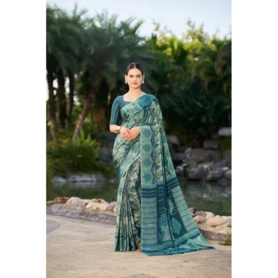Women's Crepe Printed Saree With Unstitched Blouse (Green, 5-5 Mtrs)