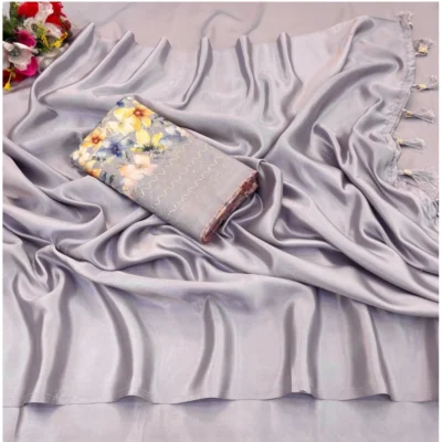 Women's Satin Solid Saree With Unstitched Blouse (Lightgrey, 5-5 Mtrs)