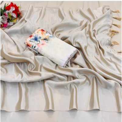 Women's Satin Solid Saree With Unstitched Blouse (White, 5-5 Mtrs)