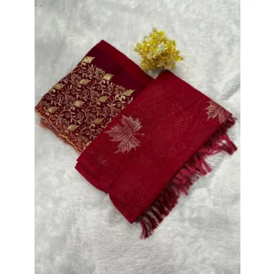 Women's Georgette Printed Saree With Unstitched Blouse (Red, 5-5 Mtrs)