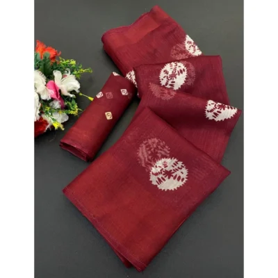 Women's Cotton Blend Printed Saree With Unstitched Blouse (Maroon, 5-5 Mtrs)
