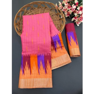 Women's Cotton Blend Printed Saree With Unstitched Blouse (Pink, 5-5 Mtrs)