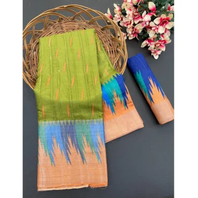 Women's Cotton Blend Printed Saree With Unstitched Blouse (Dark Green, 5-5 Mtrs)